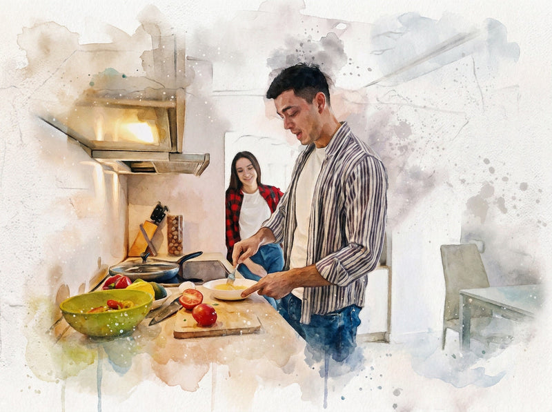 Watercolour of a couple cooking together in a kitchen, him preparing food at the bench while she watches from behind, smiling