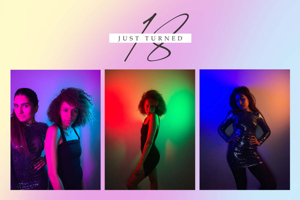 An 18th birthday themed photo booth template titled 'Just Turned 18' with vibrant neon gradient lighting in purple, red, green and blue, showing young women in glamorous outfits posing in three frames, by Ausome Love Studio