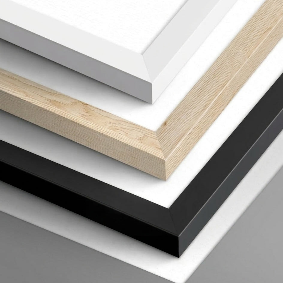 Ausome Love Studio "Five Senses Secret" framed poster keepsakes, showcasing high-quality mitered corners and professional gallery frame finishes in minimalist white, natural oak, and classic black.