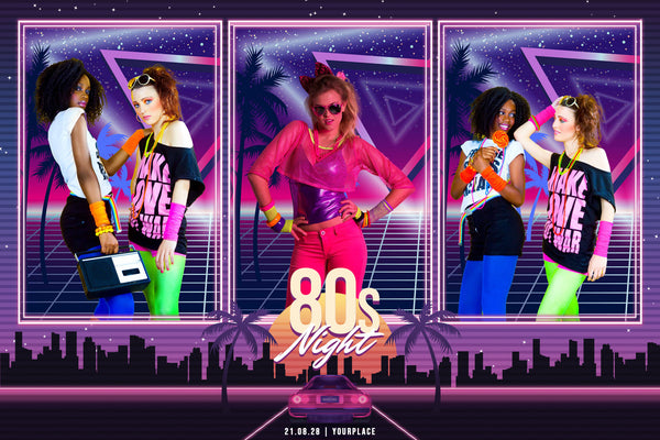An 80s Night themed photo booth template with a neon retro backdrop, palm trees and city skyline, showing guests in bright vintage outfits, by Ausome Love Studio