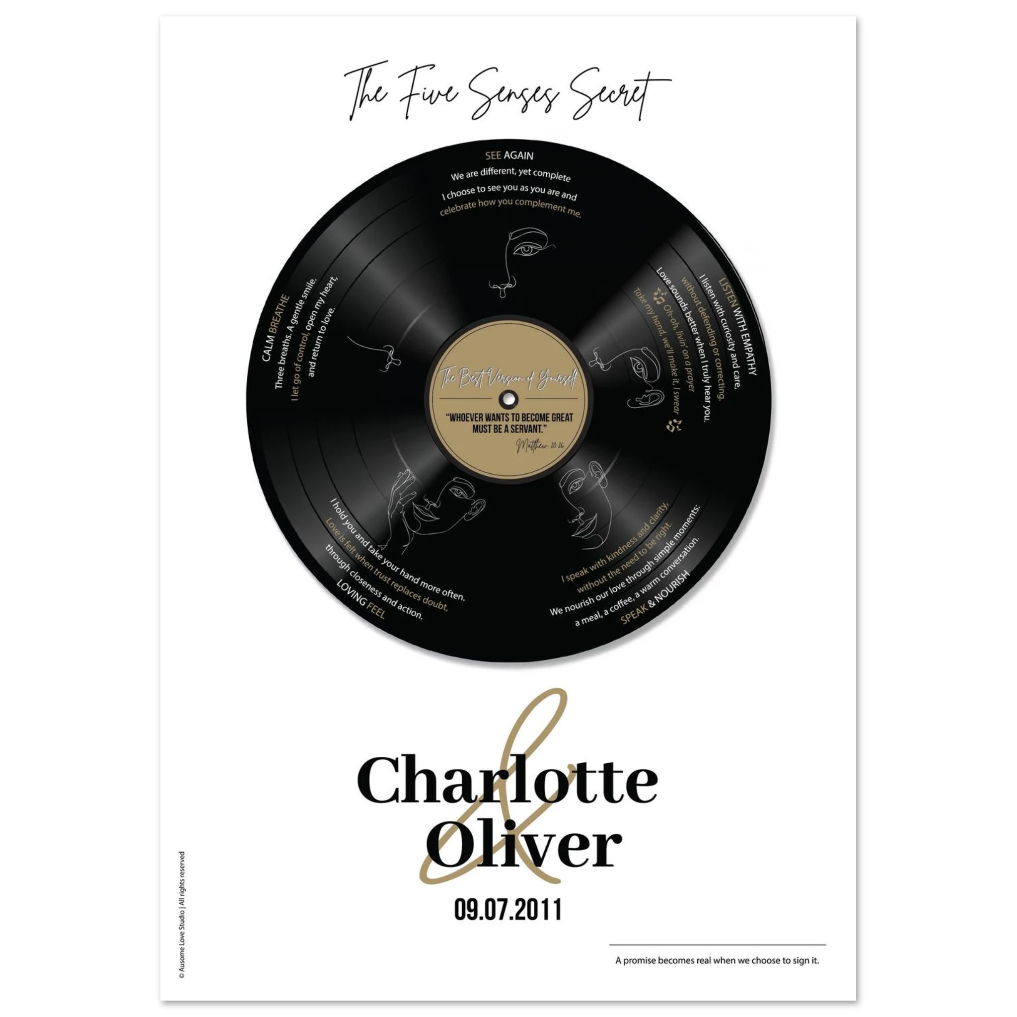 Personalized Five Senses of Love vinyl record wall art — custom anniversary gift for couples with names and special date.