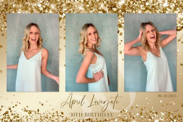 A 30th birthday photo booth template with an elegant gold glitter design, showing a woman posing in three frames, personalised with a name, by Ausome Love Studio