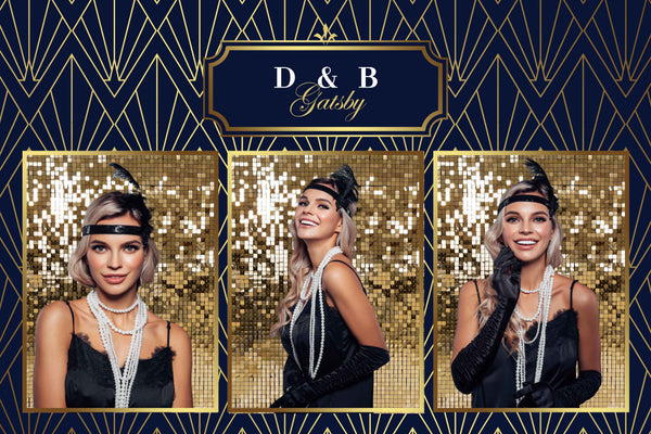 A Great Gatsby themed photo booth template with navy and gold art deco design and a gold sequin backdrop, showing a guest in 1920s flapper style, by Ausome Love Studio