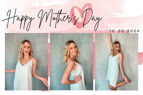A Mother's Day themed photo booth template with a soft watercolour design and pink heart, showing a woman posing in three frames, by Ausome Love Studio