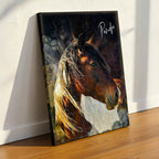 A custom horse watercolor wall art print by Ausome Love Studio titled "Pancho." The dramatic artwork features a side profile of a brown horse with a flowing golden mane, created with rich textures and dark, atmospheric watercolor splashes. The canvas is shown leaning against a white wall on a polished wooden floor with natural sunlight.
