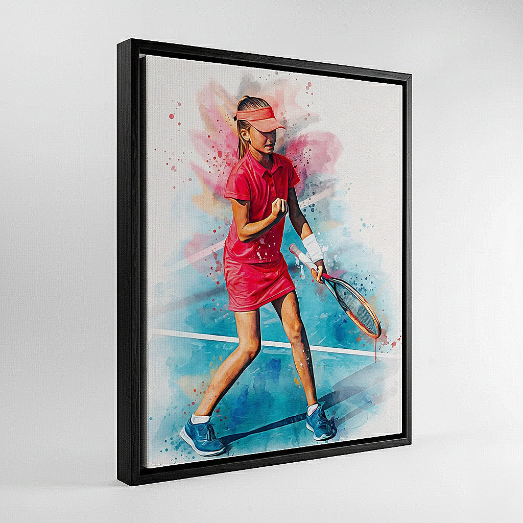 Custom female tennis player watercolour canvas in modern black floating frame — personalised sports wall art with vibrant red outfit on blue court.