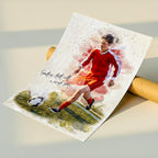 Custom soccer player watercolour portrait on fine art paper — personalised sports wall art with motivational quote, shipped rolled in protective mailing tube.