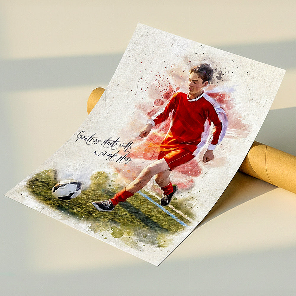 Custom soccer player watercolour portrait on fine art paper — personalised sports wall art with motivational quote, shipped rolled in protective mailing tube.