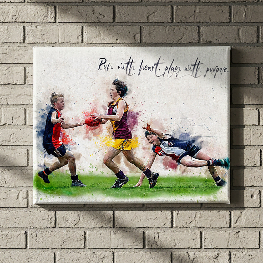 Custom youth Australian Rules Football (AFL) team watercolour portrait — three young footballers in action with motivational quote, on personalised canvas wall art.