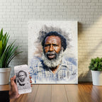 Custom Eddie Mabo watercolor wall art by Ausome Love Studio, featuring a vibrant colorized portrait of the Australian Indigenous land rights activist on canvas, with the original black and white photo shown on a smartphone.