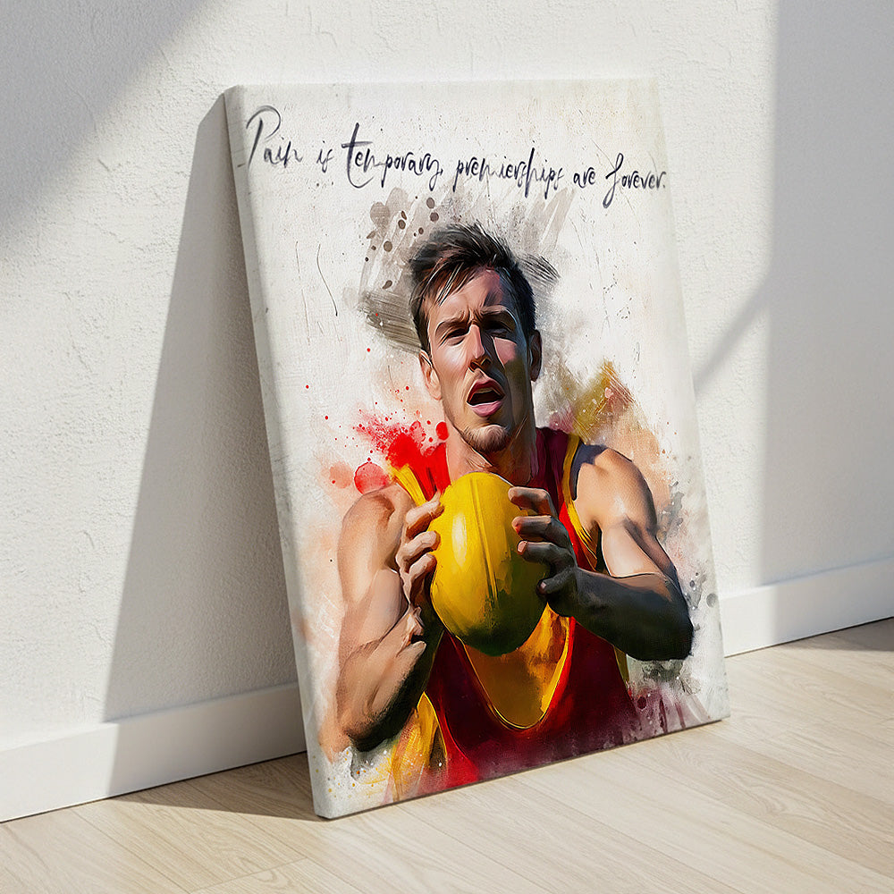 Custom Australian Rules Football (AFL) player watercolour portrait on deep canvas — personalised premiership wall art made from your own action photo.