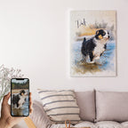 Custom Australian Shepherd puppy watercolour portrait on premium canvas — personalised dog wall art titled 'Dash', shown running through water.