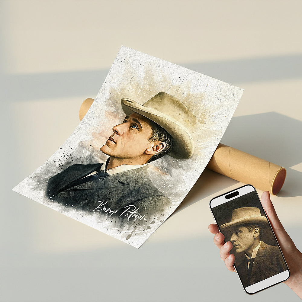 Custom Banjo Paterson watercolor wall art by Ausome Love Studio, featuring a stylized colorized illustration of the Australian poet on a fine paper art print next to a shipping tube.