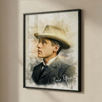 Custom photo restoration portrait of Banjo Paterson, digitally crafted and printed as a fine art poster in a black timber frame by Ausome Love Studio.