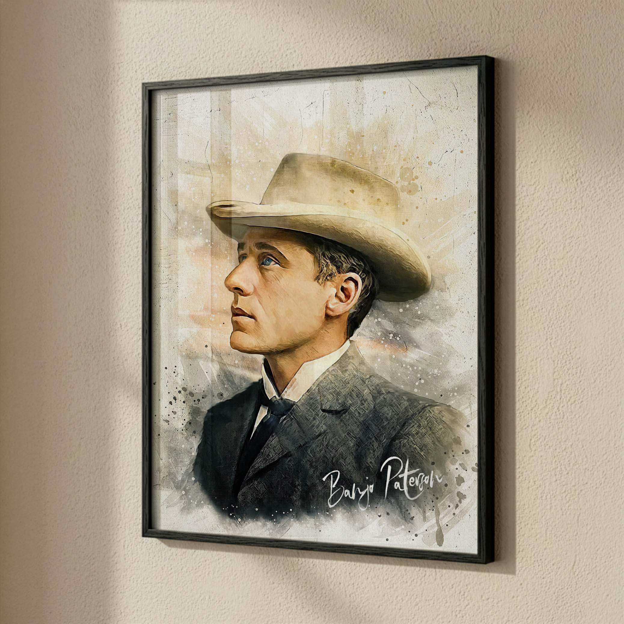 Custom photo restoration portrait of Banjo Paterson, digitally crafted and printed as a fine art poster in a black timber frame by Ausome Love Studio.