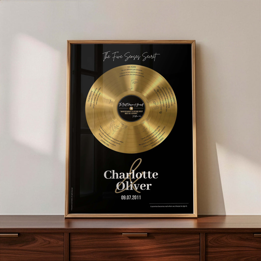 Personalized wedding gift — Five Senses black vinyl record framed poster in natural wood with custom marriage vows.
