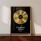 Personalized wedding gift — Five Senses black vinyl record framed poster in natural wood with custom marriage vows.