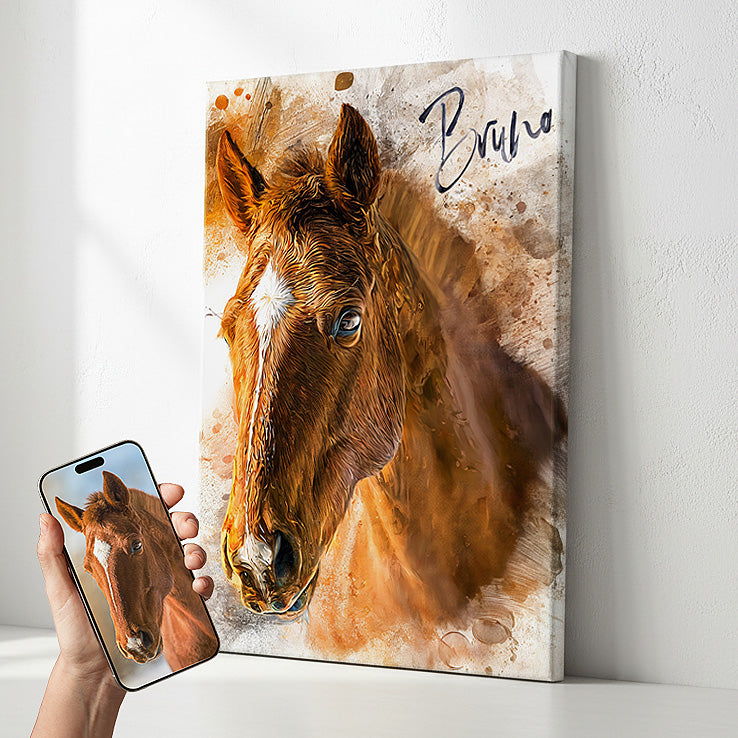 Personalized chestnut horse watercolor canvas art titled "Bruno," custom photo-to-painting equestrian wall decor by Ausome Love Studio.