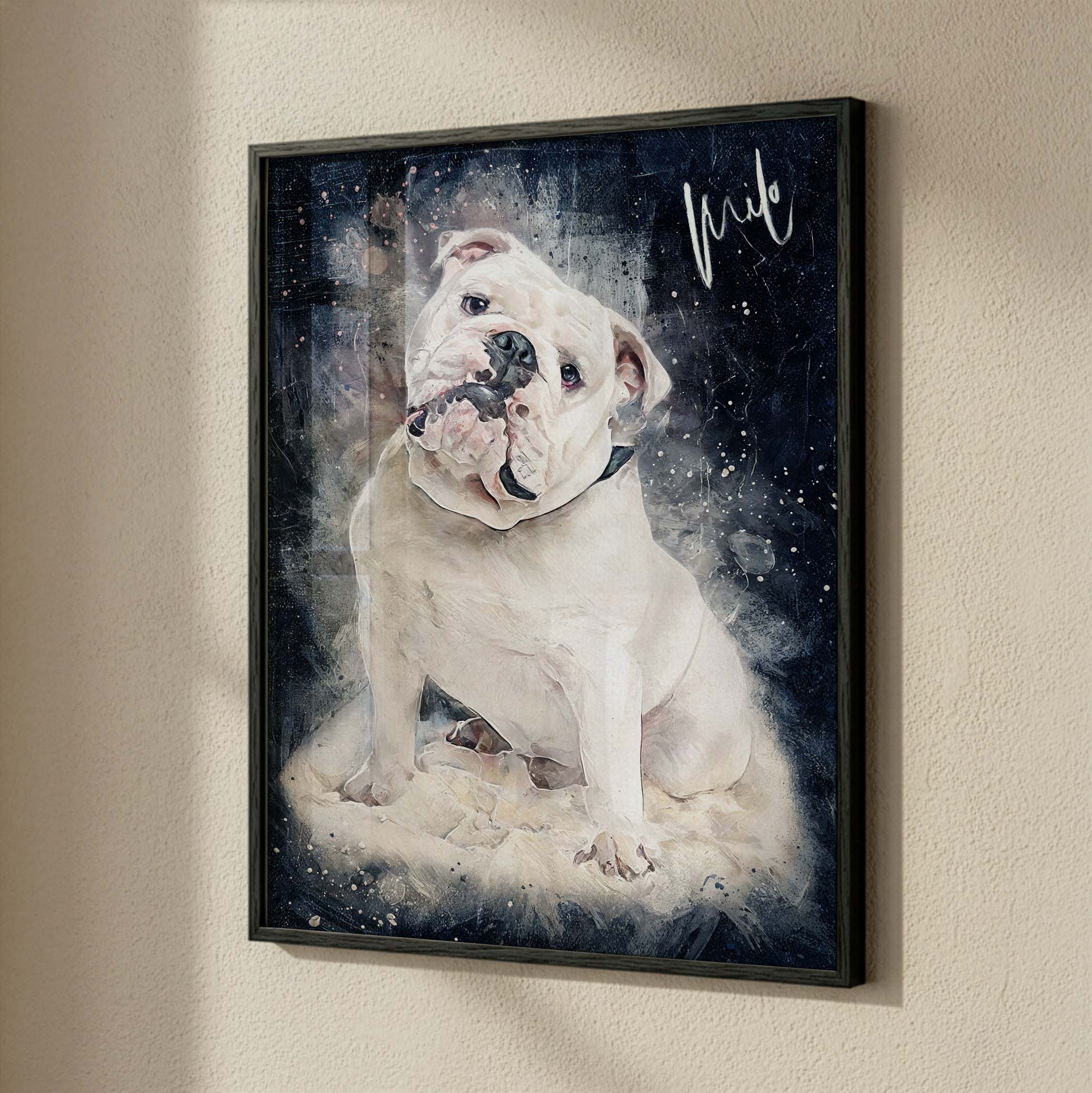 Custom Bulldog watercolour pet portrait in framed poster — personalised dog wall art ready to hang, made from your own photo.