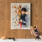 Custom horse and rider watercolor portrait wall art titled "Cappuccino" on canvas, personalized photo-to-art equestrian gift by Ausome Love Studio.