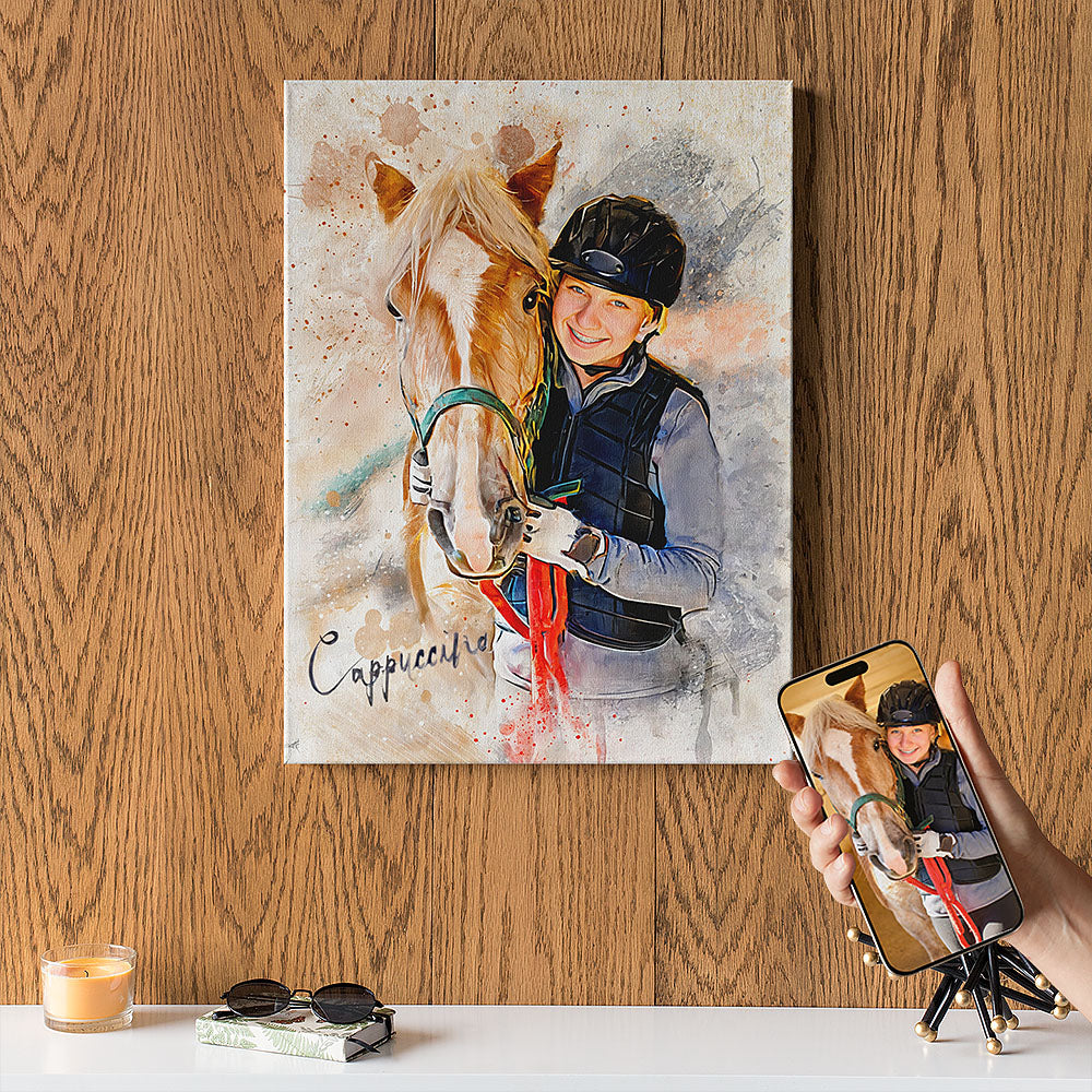 Custom horse and rider watercolor portrait wall art titled "Cappuccino" on canvas, personalized photo-to-art equestrian gift by Ausome Love Studio.