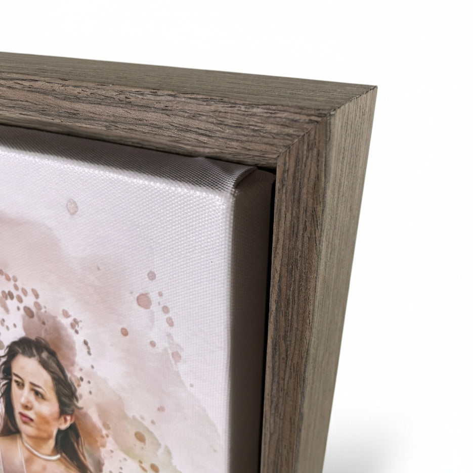 Close-up detail of Ausome Love Studio watercolor effect wall art showing the textured canvas wrap and premium floating wood frame in a dark wood finish.