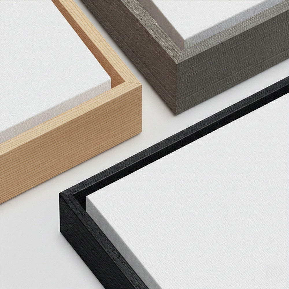 Close-up of Ausome Love Studio watercolor effect wall art showcasing three floating frame options in natural wood, dark wood, and classic black finishes.