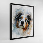 Custom Australian Shepherd watercolour portrait on canvas in black frame — personalised multi-coloured dog wall art, made from your pet's photo.