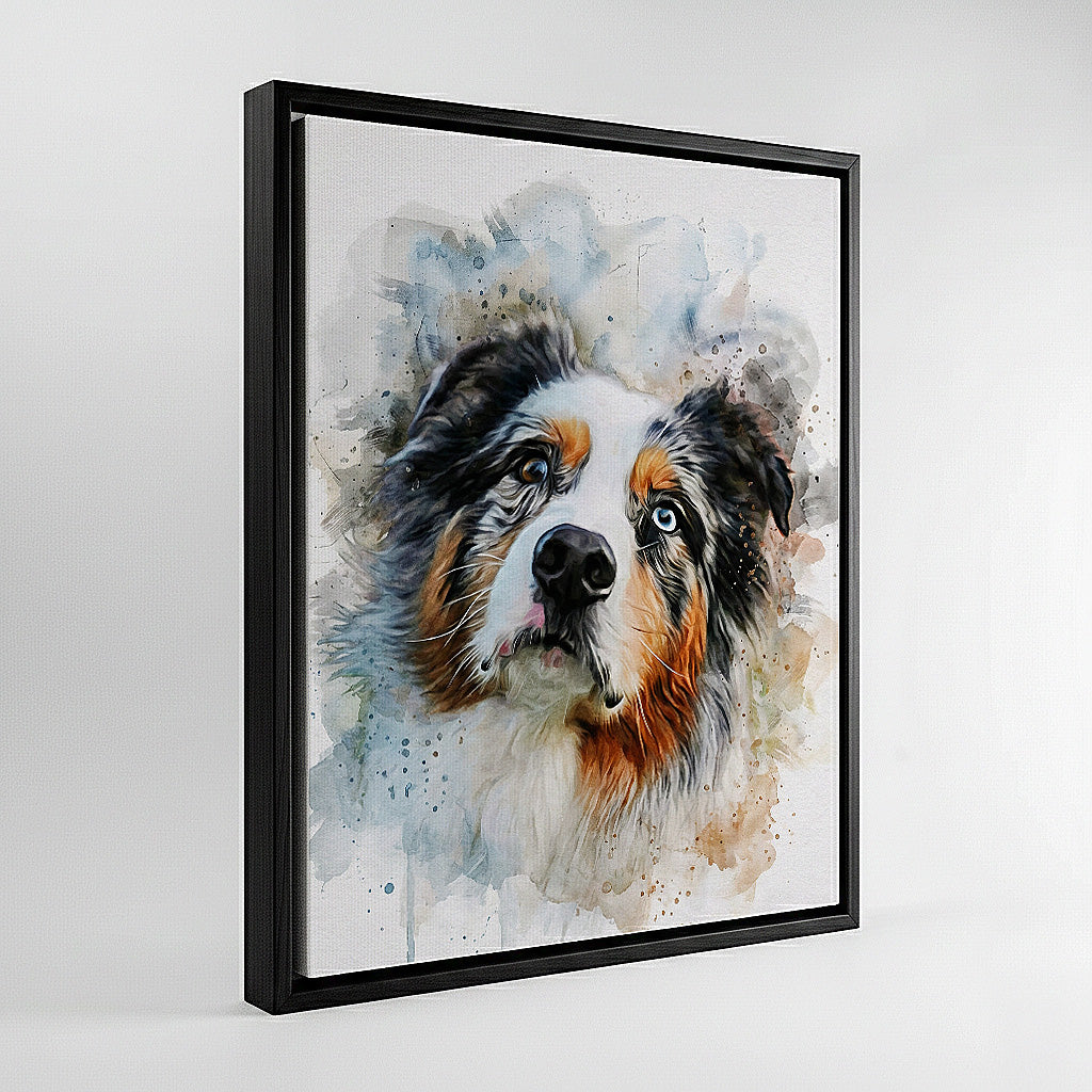 Custom Australian Shepherd watercolour portrait on canvas in black frame — personalised multi-coloured dog wall art, made from your pet's photo.