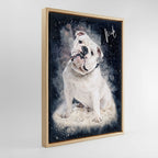Custom English Bulldog watercolour portrait 'Milo' in light wood floater frame on canvas — personalised pet memorial gift, made from your photo.
