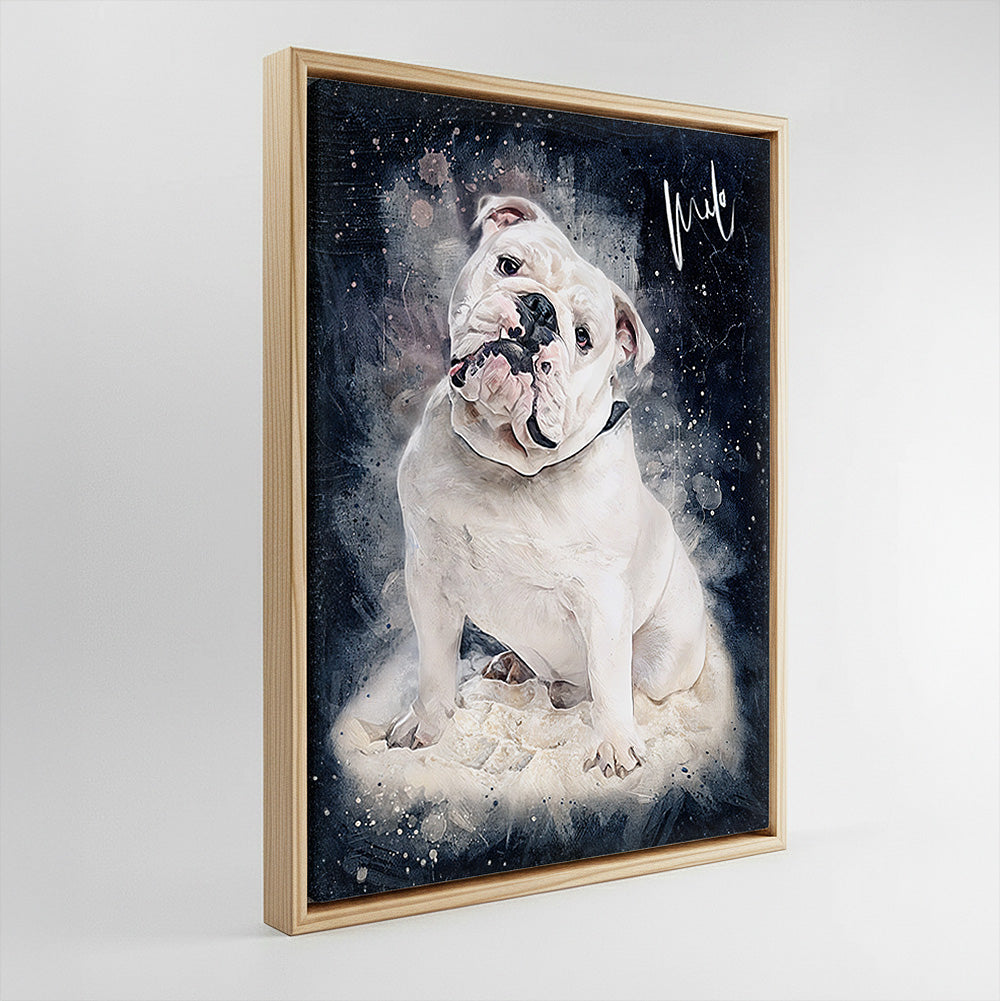 Custom English Bulldog watercolour portrait 'Milo' in light wood floater frame on canvas — personalised pet memorial gift, made from your photo.