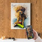 Custom Poodle puppy watercolour portrait on premium canvas — personalised dog wall art titled 'Boomer', made from your pet's photo.