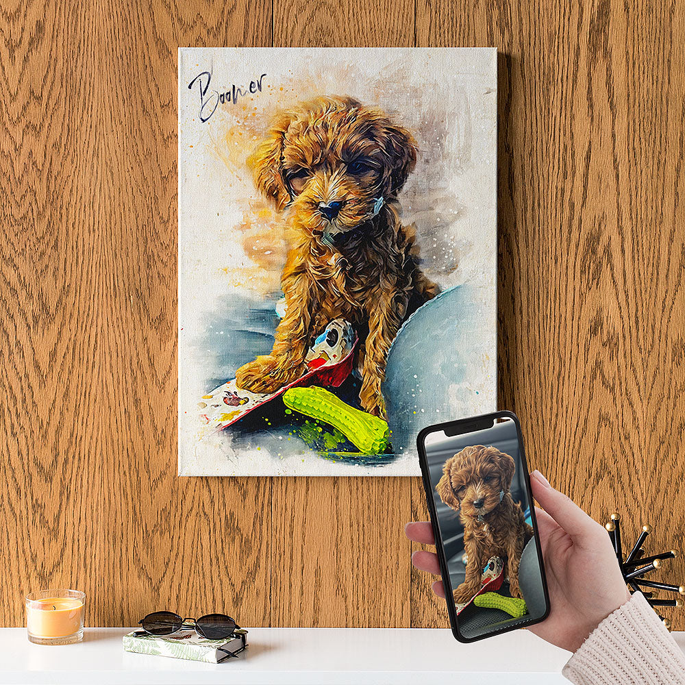 Custom Poodle puppy watercolour portrait on premium canvas — personalised dog wall art titled 'Boomer', made from your pet's photo.