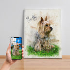 Custom Yorkshire Terrier watercolour portrait on premium canvas — personalised Yorkie dog gift titled 'Bentley', made from your pet's photo.
