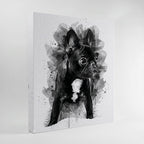 Custom black and white French Bulldog watercolour portrait on canvas — personalised minimalist pet wall art, made from your dog's photo.