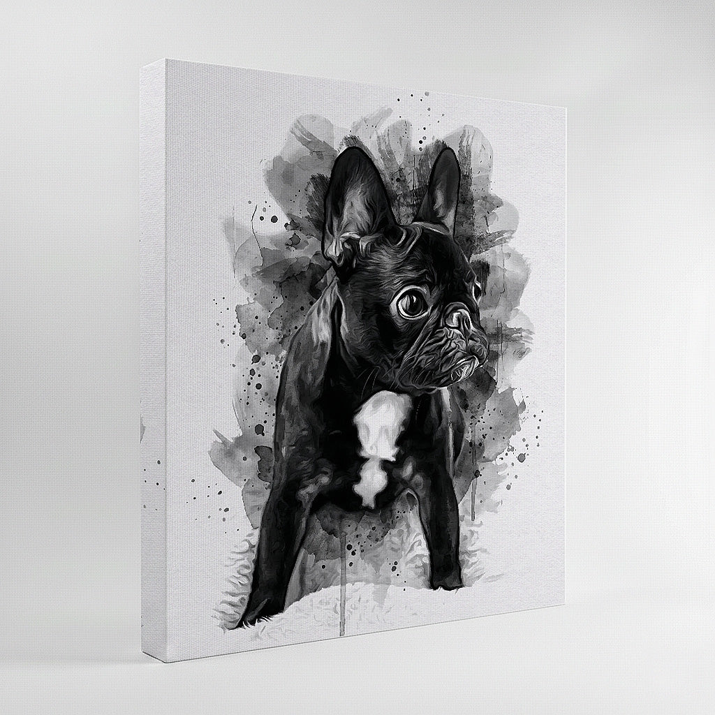 Custom black and white French Bulldog watercolour portrait on canvas — personalised minimalist pet wall art, made from your dog's photo.