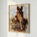 Custom brown horse in motion watercolor wall art print with expressive paint splashes, displayed in a modern gallery-style interior by Ausome Love Studio.