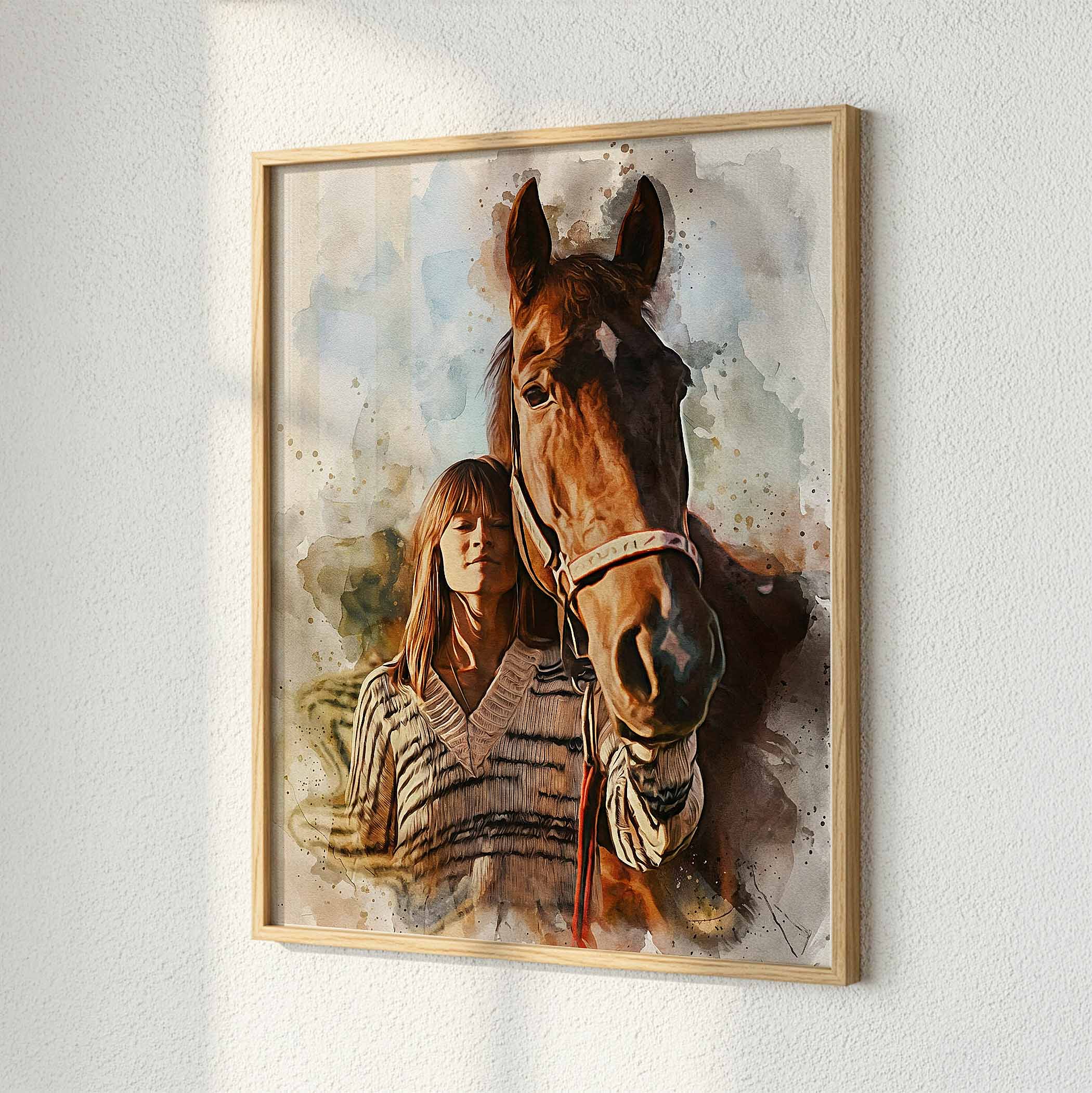 Custom brown horse in motion watercolor wall art print with expressive paint splashes, displayed in a modern gallery-style interior by Ausome Love Studio.