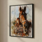 Custom chestnut horse and girl watercolor effect wall art in a black frame, personalized animal lover home decor by Ausome Love Studio.