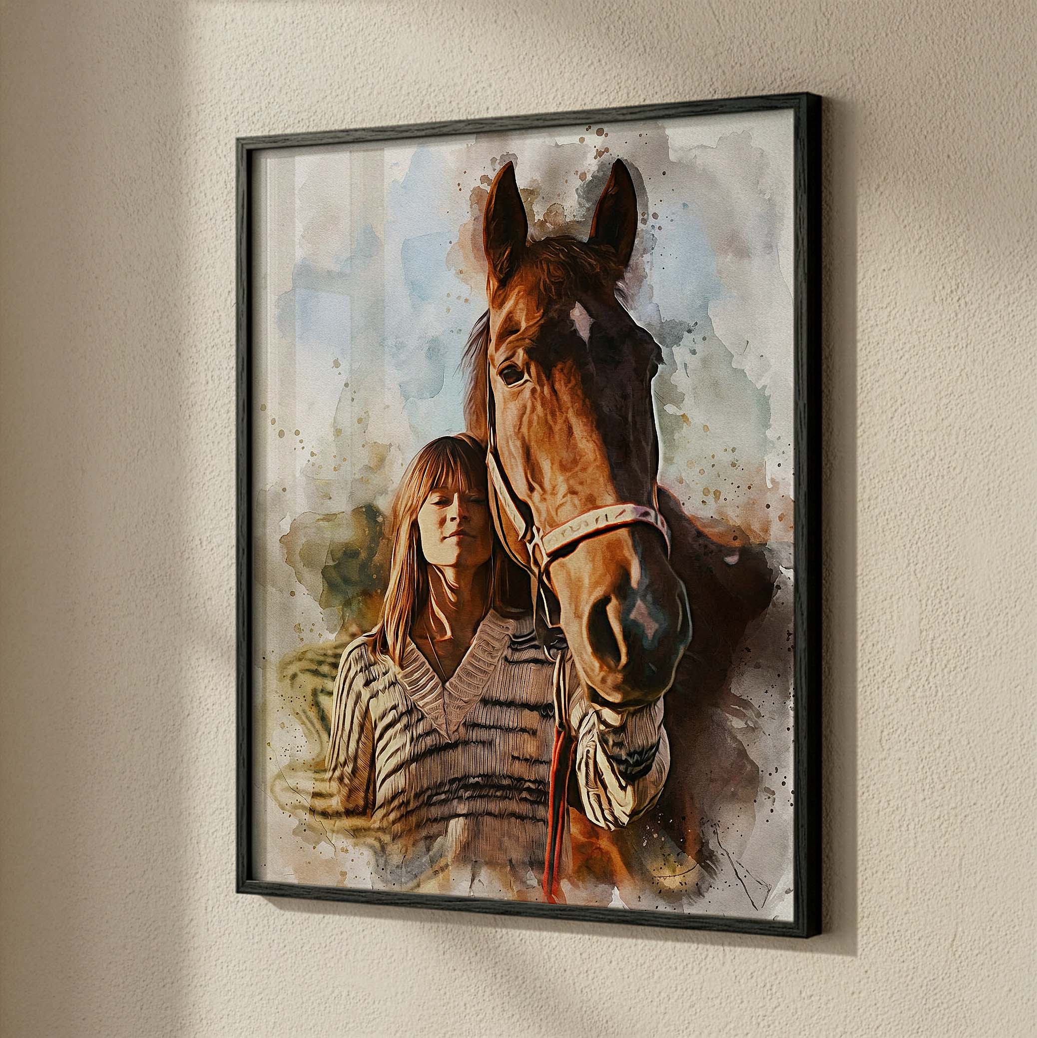 Custom chestnut horse and girl watercolor effect wall art in a black frame, personalized animal lover home decor by Ausome Love Studio.