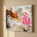 Custom child and horse watercolor portrait on canvas with personalized quote "Tiny hands, mighty courage," unique equestrian nursery wall art by Ausome Love Studio.