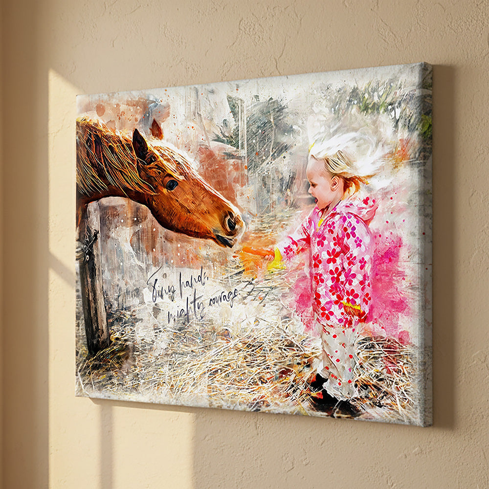 Custom child and horse watercolor portrait on canvas with personalized quote "Tiny hands, mighty courage," unique equestrian nursery wall art by Ausome Love Studio.