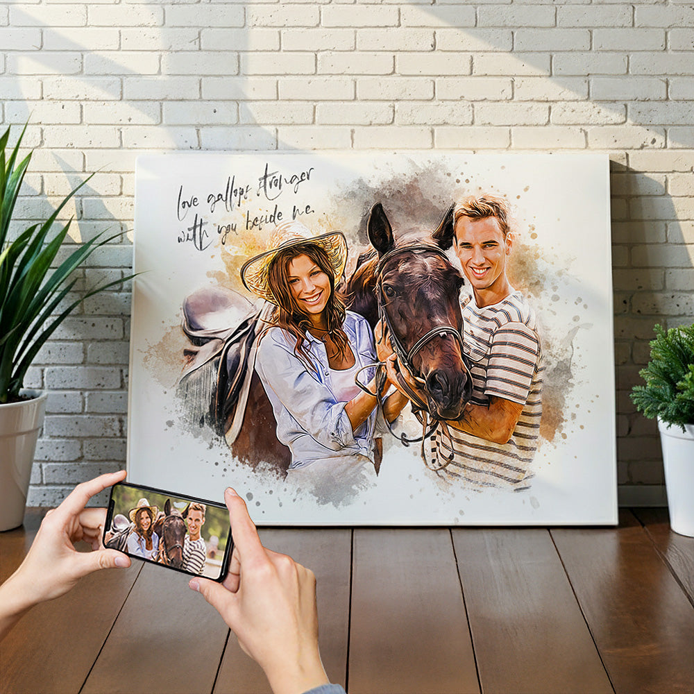 Custom couple and horse watercolor portrait wall art with personalized quote "Love gallops stronger with you beside me" on canvas by Ausome Love Studio.