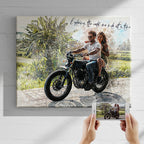 Custom couple motorcycle watercolour canvas portrait — personalised wall art for couples who ride together, with motivational quote.