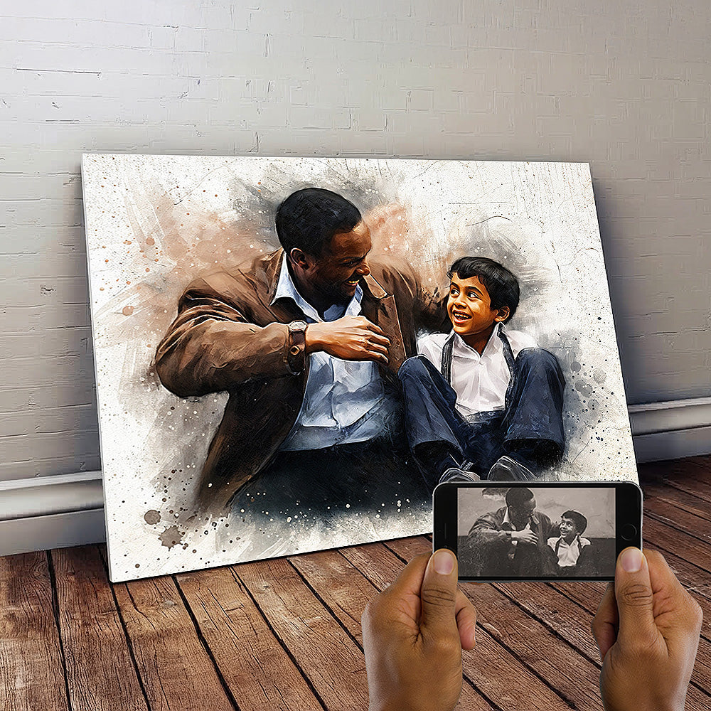 Custom father and son watercolor portrait by Ausome Love Studio, featuring a man and young boy sharing a smile, displayed as a canvas print alongside the original vintage reference photo on a smartphone.