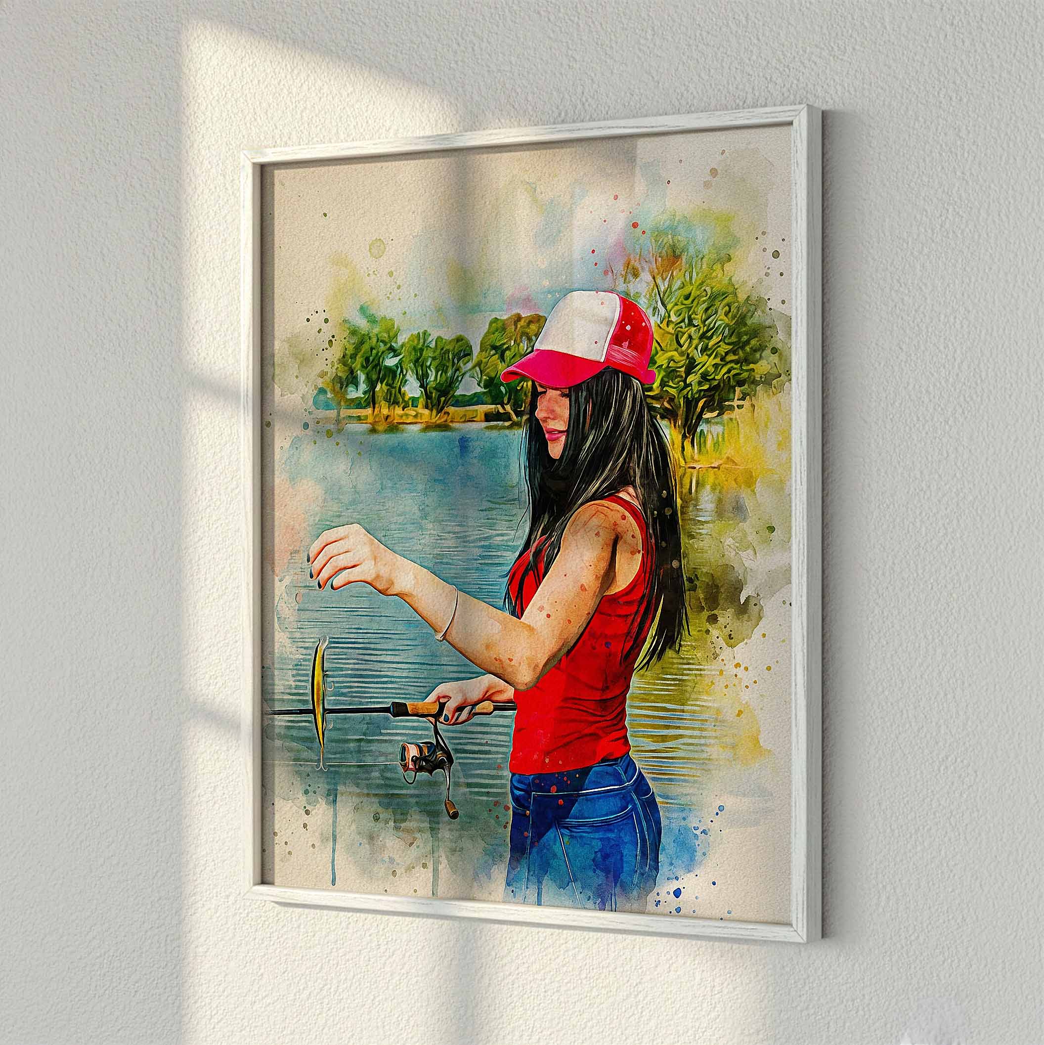 Custom fishing watercolour fine art print — personalised sports wall art in modern white frame, made from your action photo.