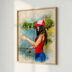 Custom fishing watercolour fine art print — personalised sports wall art in natural wood frame, made from your action photo.
