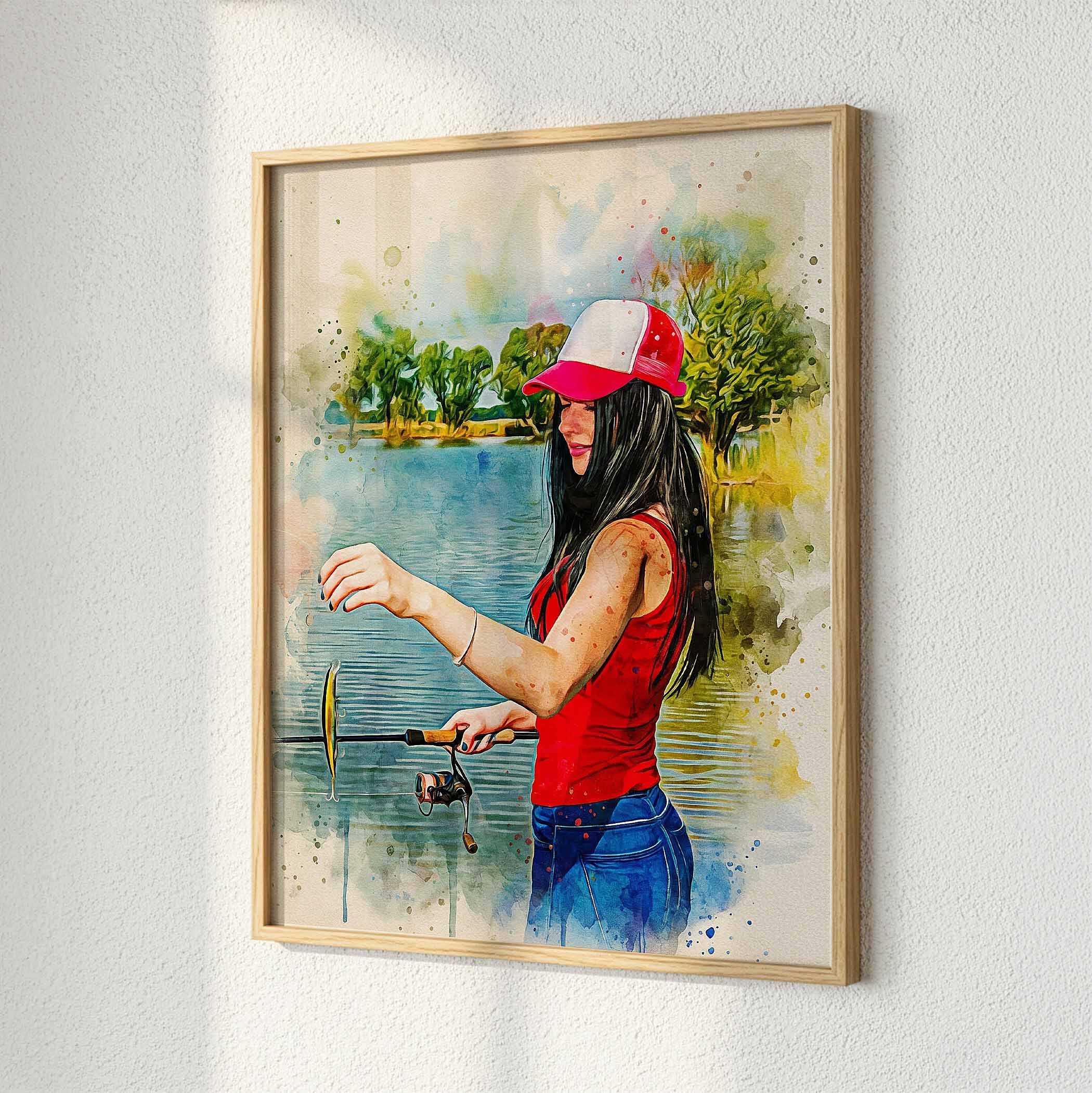 Custom fishing watercolour fine art print — personalised sports wall art in natural wood frame, made from your action photo.