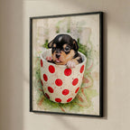 Custom puppy in teacup watercolour pet portrait on fine art paper in black frame — personalised minimalist dog wall art, made from your puppy's photo.