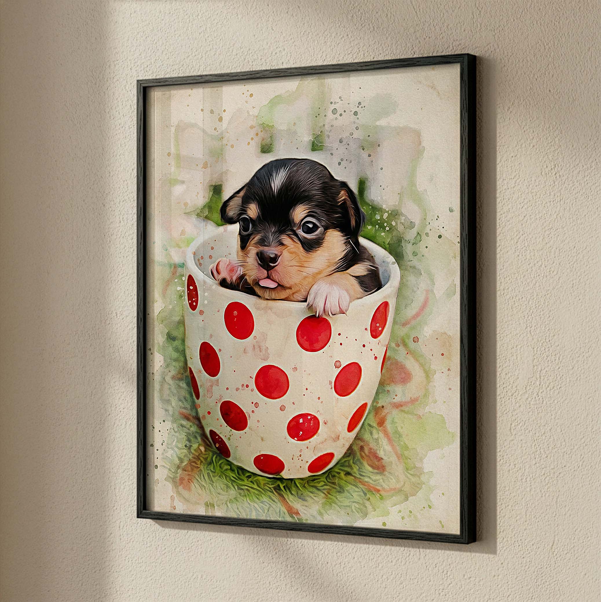 Custom puppy in teacup watercolour pet portrait on fine art paper in black frame — personalised minimalist dog wall art, made from your puppy's photo.